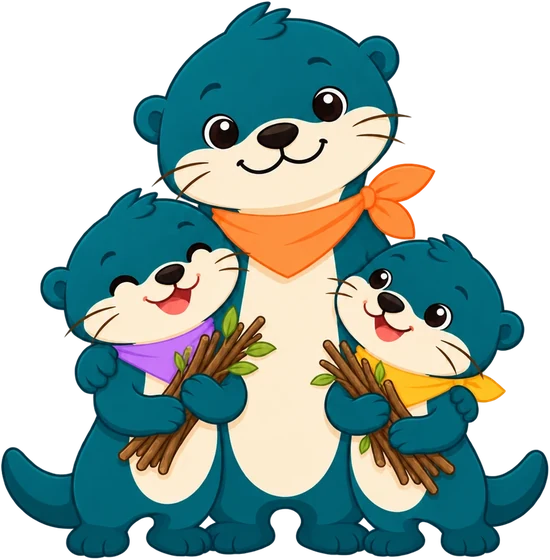 The otter family holding the branches of their streak pile.