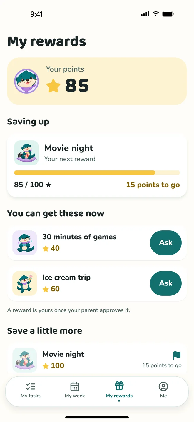 A child's rewards: 85 points saved, 15 more to go for movie night.